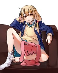 Rule 34 | 1girl, absurdres, arm support, blazer, blonde hair, blue jacket, brown eyes, cardigan vest, collared shirt, couch, full body, futaba anzu, hairband, highres, idolmaster, idolmaster cinderella girls, jacket, kakaobataa, long hair, looking at viewer, low twintails, necktie, open clothes, open jacket, parted lips, pleated skirt, shirt, simple background, single sock, sitting, skirt, sock pull, socks, solo, stuffed animal, stuffed rabbit, stuffed toy, toes, twintails, white background, white shirt