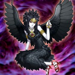 Rule 34 | armband, black hair, bracelet, dress, duel monster, fabled grimro, feathers, headdress, high heels, jewelry, necklace, pointing, red eyes, ring, shoes, sitting, tiara, wings, yu-gi-oh!