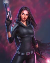 Rule 34 | 1girl, black bodysuit, black cape, black gloves, black hood, blue eyes, bodysuit, breasts, brown hair, cape, commentary, contrapposto, cowboy shot, dynamite, english commentary, explosive, facial mark, forehead mark, gloves, gun, highres, holding, holding dynamite, holding gun, holding weapon, large breasts, nocterra, red lips, shoulder pads, solo, valentina riggs, weapon, will jack