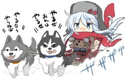 Rule 34 | 1girl, 2others, animal, blue eyes, brown coat, buttons, coat, dog, gloves, grey gloves, hammer and sickle, hibiki (kancolle), hizuki yayoi, kantai collection, long hair, long sleeves, multiple girls, multiple others, red scarf, scarf, silver hair, simple background, sled, snow, translation request, verniy (kancolle), white background
