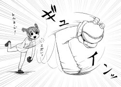 Rule 34 | !, &gt;:), 1girl, 4shi, ball, baseball, baseball glove, dango-chan (4shi), detached arm, double bun, fingernails, floating hair, greyscale, hair between eyes, hair bun, highres, holding, holding ball, leaning forward, leg up, loafers, medium hair, monochrome, motion blur, motion lines, open mouth, original, pitching, saliva, shirt, shoes, short sleeves, simple background, single sidelock, smile, socks, solo, speed lines, spinning, standing, standing on one leg, translation request, v-shaped eyebrows, white background, wide shot, wind