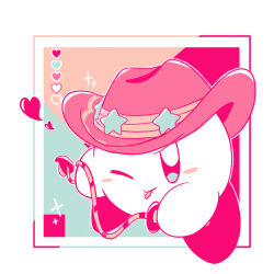 Rule 34 | ;p, blue eyes, blush stickers, closed mouth, color guide, copy ability, cowboy shot, hat, hat ornament, heart, holding, holding whip, kirby, kirby (series), limited palette, nintendo, no humans, one eye closed, outline, pink hat, red footwear, ronen, shoes, smile, solo, sparkle, star (symbol), star hat ornament, tongue, tongue out, v-shaped eyebrows, whip kirby, white background, white outline