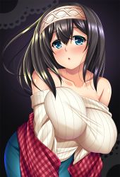 Rule 34 | 1girl, bare shoulders, bent over, black hair, blue eyes, blush, breast hold, breasts, collarbone, hair between eyes, hairband, huge breasts, idolmaster, idolmaster cinderella girls, impossible clothes, impossible sweater, long hair, militia minpei, off shoulder, ribbed sweater, sagisawa fumika, shawl, simple background, solo, sweater