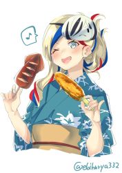 Rule 34 | 1girl, alternate hairstyle, belt, blonde hair, blue eyes, blue hair, blush, breasts, commandant teste (kancolle), corn, corn cob, ebifurya, food, highres, japanese clothes, kantai collection, kimono, long hair, looking at viewer, multicolored hair, one eye closed, open mouth, red hair, simple background, smile, solo, squid, white background, yukata
