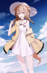Rule 34 | :d, animal collar, animal ears, blue bow, bone hair ornament, bow, braid, brown eyes, brown hair, buttons, cloud, collar, dog ears, dog girl, dog tail, dress, fangs, hair between eyes, hair ornament, hairclip, hat, hololive, horizon, inugami korone, inugami korone (1st costume), jacket, long hair, looking at viewer, loose socks, low twin braids, ocean, off shoulder, open mouth, red bow, red collar, red legwear, short dress, sky, smile, socks, solo, sun hat, tail, twin braids, virtual youtuber, white dress, wind, wind lift, yellow jacket, yueko (jiayue wu)