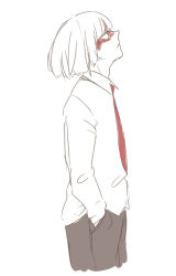 Rule 34 | .flow, 1boy, blood, bob cut, hands in pockets, kaibutsu, kamina oct (kanna111), looking afar, looking up, male focus, necktie, profile, red eyes, school uniform, shirt, simple background, solo, standing, white hair