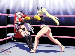 Rule 34 | 2girls, artist name, ass, boxing, boxing gloves, boxing ring, breasts, catfight, character request, dungeon and fighter, fighting, horns, large breasts, midriff, multiple girls, navel, tagme
