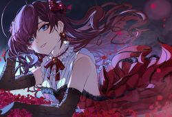 Rule 34 | 1girl, blue eyes, bow, bowtie, brooch, dress, earrings, elbow gloves, floating hair, gloves, hair bow, ichinose shiki, idolmaster, idolmaster cinderella girls, jewelry, long hair, looking at viewer, march ab, parted lips, petals, red bow, red dress, red hair, sleeveless, sleeveless dress, smile, solo