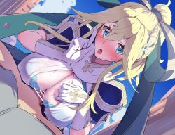 Rule 34 | 1girl, absurdres, alicia (armed fantasia), armed fantasia, armed fantasia: to the end of the wilderness, bar censor, blonde hair, blue eyes, blue sky, boris (noborhys), breasts, censored, cleavage cutout, clothing cutout, cloud, day, gloves, hair rings, highres, long hair, looking at viewer, open mouth, outdoors, paizuri, paizuri under clothes, penis, ponytail, sky, white gloves