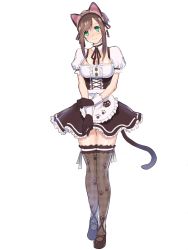 Rule 34 | 1girl, animal ears, apron, artist request, black thighhighs, blush, breasts, brown hair, cat ears, cat tail, cleavage, commentary request, corset, detached collar, dress, full body, gloves, green eyes, head tilt, highres, looking at viewer, maid, maid headdress, medium breasts, medium hair, print thighhighs, skirt, solo, sophia esteed, standing, star ocean, star ocean till the end of time, tail, thigh gap, thighhighs