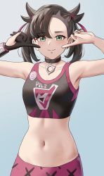 Rule 34 | 1girl, amayo thranana, arms up, black choker, black hair, black nails, breasts, choker, closed mouth, creatures (company), dynamax band, fingersmile, game freak, gloves, green eyes, highres, light smile, marnie (pokemon), midriff, nail polish, navel, nintendo, official alternate costume, partially fingerless gloves, pendant choker, pokemon, pokemon swsh, simple background, single glove, small breasts, smile, solo, sports bra, stomach, twintails, two side up