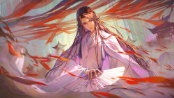 Rule 34 | 1boy, anian724, architecture, bishounen, black hair, brown eyes, building, chinese clothes, closed mouth, earrings, east asian architecture, floating hair, folding fan, hand fan, hand up, hanfu, highres, holding, holding fan, jewelry, long hair, long sleeves, looking at viewer, male focus, parted bangs, qiang jin jiu, robe, shen lanzhou, sidelocks, solo, tassel, tree, very long hair, white robe, wide sleeves