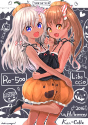 Rule 34 | 10s, 2girls, :d, artist name, asymmetrical docking, black camisole, black shirt, blonde hair, blue eyes, breast press, brown hair, camisole, character name, copyright name, dada (esoragoto), fang, halloween, holding hands, hat, hug, jack-o&#039;-lantern, kantai collection, libeccio (kancolle), long hair, matching outfits, multiple girls, one-piece tan, open mouth, orange eyes, orange shorts, pumpkin hat, pumpkin shorts, ro-500 (kancolle), shirt, shorts, smile, spaghetti strap, tan, tanline, twintails