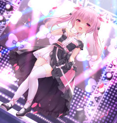 Rule 34 | 1girl, :d, black dress, black footwear, blurry, blurry background, blush, breasts, collar, commentary request, depth of field, detached collar, dress, dutch angle, fangs, frilled dress, frilled skirt, frills, hair between eyes, hair ribbon, hand up, highres, himekuma ribon, long hair, open mouth, petals, pink hair, pink ribbon, pleated skirt, re:act, red eyes, ribbon, shoes, skindentation, skirt, small breasts, smile, solo, stage, standing, standing on one leg, thighhighs, twintails, virtual youtuber, white collar, white skirt, white thighhighs, wing collar, yuyuko (yuyucocco)