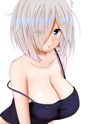 Rule 34 | 1girl, :o, arms at sides, bare shoulders, blue eyes, blush, breasts, camisole, cleavage, collarbone, commentary request, eyelashes, eyes visible through hair, hair between eyes, hair ornament, hair over one eye, hairclip, hamakaze (kancolle), hifumi kei, highres, kantai collection, large breasts, looking at viewer, open mouth, shiny skin, short hair, silver hair, simple background, solo, spaghetti strap, strap slip, upper body, white background