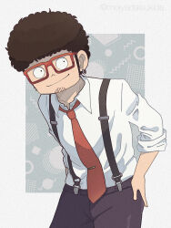 Rule 34 | 1boy, black hair, black pants, earrings, facial hair, franky franklin, glasses, hand on own hip, jewelry, looking at viewer, male focus, necktie, ouka (gegege 853suki), pants, red necktie, shirt, single earring, sleeves rolled up, smile, solo, spy x family, stubble, suspenders, tie clip, twitter username, white shirt