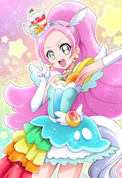 Rule 34 | 1girl, :d, animal ears, armpits, blue dress, blue hairband, breasts, collarbone, cowboy shot, cure parfait, dress, earrings, elbow gloves, fake animal ears, gloves, green eyes, hairband, hanzou, highres, horse ears, horse tail, jewelry, kirakira precure a la mode, layered dress, long hair, open mouth, outstretched arm, parted bangs, pink hair, precure, short dress, sleeveless, sleeveless dress, small breasts, smile, solo, sparkle, standing, tail, very long hair, w, white gloves