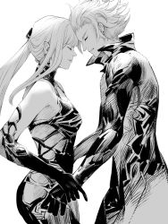 Rule 34 | 1boy, 1girl, bare shoulders, blunt bangs, bodysuit, chinese commentary, closed eyes, commentary request, cowboy shot, detached sleeves, dual persona, ear piercing, earrings, facing another, final fantasy, final fantasy xiv, forehead-to-forehead, from side, greyscale, heads together, high collar, highres, holding another&#039;s wrist, jewelry, monochrome, omega-f, omega-m, omega (final fantasy), piercing, ponytail, profile, short hair, sidelocks, simple background, standing, white background, xlens