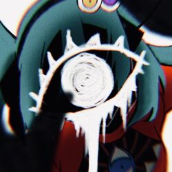 Rule 34 | 1girl, aqua hair, black skin, chromatic aberration, colored skin, disembodied eye, dress, eiku, extra eyes, faceless, hair ornament, hatsune miku, highres, horror (theme), looking at viewer, official art, paint, psi (vocaloid), reaching, reaching towards viewer, red dress, vocaloid, white background