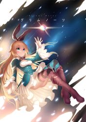Rule 34 | 1girl, alice (grimms notes), aqua dress, aqua thighhighs, asymmetrical legwear, black ribbon, blonde hair, blue eyes, blush, boots, breasts, brown thighhighs, bu li, center opening, copyright name, dress, grimms notes, hair between eyes, hair flaps, hair ribbon, hand up, lens flare, long hair, long sleeves, medium breasts, mismatched legwear, outstretched hand, parted lips, ribbon, solo, striped clothes, striped thighhighs, thighhighs, thighs