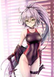 Rule 34 | 1girl, absurdres, ahoge, bare shoulders, black gloves, black jacket, window blinds, blush, breasts, brown-framed eyewear, choker, collarbone, competition swimsuit, covered navel, fate/grand order, fate (series), glasses, gloves, gluteal fold, groin, hair between eyes, hand on hilt, hand on sword, highleg, highleg swimsuit, highres, indoors, jacket, jeanne d&#039;arc alter (swimsuit berserker) (fate), jeanne d&#039;arc (fate), jeanne d&#039;arc (swimsuit archer) (second ascension) (fate), jeanne d&#039;arc alter (fate), jeanne d&#039;arc alter (swimsuit berserker) (fate), katana, koyuki (kotatsu358), light particles, long hair, looking at viewer, medium breasts, one-piece swimsuit, parted lips, ponytail, purple hair, scan, sheath, shrug (clothing), sidelocks, skindentation, solo, standing, swimsuit, sword, thigh strap, very long hair, weapon, yellow eyes