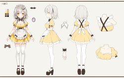 Rule 34 | absurdres, apron, black bow, black footwear, blush, bow, breasts, character sheet, cleavage, collarbone, color guide, detached collar, dress, grey background, hair bow, highres, maid, maid apron, maid headdress, medium breasts, multiple views, official art, open hands, platform footwear, platform heels, production kawaii, shee icho, short hair, silver hair, smile, thighhighs, virtual youtuber, weri, white legwear, wrist cuffs, yellow bow, yellow dress, yellow eyes