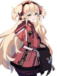 Rule 34 | 1girl, admiral hipper (azur lane), azur lane, bag, black bag, black skirt, blonde hair, blush, buttons, character name, close-up, commentary request, cowboy shot, cross, german flag, germany, green eyes, hair ornament, hair ribbon, holding, holding bag, hood, hooded jacket, iron cross, jacket, lapel pin, leggings, long hair, looking at viewer, mania (fd6060 60), miniskirt, open clothes, open jacket, open mouth, plaid, plaid skirt, red jacket, ribbon, short twintails, shoulder bag, skirt, solo, teeth, twintails, two side up, very long hair, white background