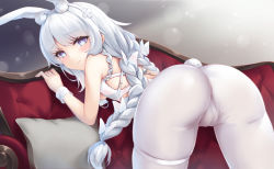 Rule 34 | 1girl, animal ear fluff, animal ears, ass, azur lane, bare shoulders, blue eyes, braid, cameltoe, closed mouth, couch, fake animal ears, from behind, hairband, hinoka (allen), le malin (azur lane), le malin (listless lapin) (azur lane), leotard, long hair, looking at viewer, looking back, official alternate costume, on couch, pantyhose, pillow, playboy bunny, rabbit ears, rabbit tail, silver hair, skindentation, solo, tail, twin braids, very long hair, white hairband, white pantyhose, wrist cuffs