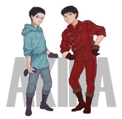 Rule 34 | 2boys, akira (manga), arm support, black gloves, black hair, blue hoodie, blue pants, boots, brown eyes, closed mouth, commentary request, copyright name, cross-laced footwear, full body, gloves, hand on own hip, highres, holding, holding clothes, holding gloves, hood, hoodie, jacket, jumpsuit, kondate (inugrm), leaning on object, lips, long sleeves, looking at viewer, male focus, multiple boys, nose, pants, purple footwear, purple gloves, red footwear, red gloves, red jacket, red jumpsuit, red pants, shirt, short hair, sleeves pushed up, smile, standing, unworn gloves, very short hair