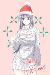 Rule 34 | 1girl, aken, aran sweater, black hair, breasts, cable knit, cleavage, cleavage cutout, cleavage reach, clothing cutout, contrapposto, cowboy shot, dress, female focus, hat, highres, large breasts, long hair, looking down, meme attire, narberal gamma, open-chest sweater, overlord (maruyama), santa hat, simple background, solo, standing, sweater, sweater dress, turtleneck