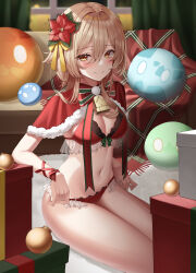 Rule 34 | 1girl, absurdres, alternate costume, bell, blonde hair, blush, bow, bow bra, bowtie, box, bra, breasts, capelet, christmas, cleavage, closed mouth, commentary, curtains, flower, frilled panties, frills, fur-trimmed capelet, fur trim, genshin impact, gift, gift box, hair between eyes, hair flower, hair ornament, highres, hsxxx, indoors, lace, lace-trimmed bra, lace-trimmed panties, lace trim, lingerie, looking at viewer, lumine (genshin impact), medium breasts, navel, neck bell, panties, red bow, red bowtie, red bra, red flower, red panties, red ribbon, ribbon, short hair with long locks, sidelocks, sitting, slime (genshin impact), smile, solo, stomach, thighs, two-tone bowtie, underwear, window, wrist ribbon, yellow eyes