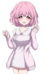 Rule 34 | 1girl, arms up, blush, breasts, bright pupils, cardigan, collarbone, commentary request, contrapposto, cowboy shot, dress, highres, off shoulder, open mouth, original, pink cardigan, pink hair, red eyes, short dress, short hair, short sleeves, simple background, sleeves past wrists, small breasts, solo, standing, tsukimirin, white background, white dress, white pupils