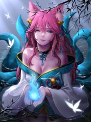 Rule 34 | 1girl, absurdres, ahri (league of legends), animal ear fluff, animal ears, bare shoulders, bell, breasts, bug, butterfly, cleavage, collarbone, dress, fire, fire, fox ears, fox tail, green ribbon, hair ribbon, highres, insect, japanese clothes, kimono, large breasts, league of legends, long hair, long sleeves, looking at viewer, multiple tails, official alternate costume, outdoors, pink hair, ribbon, sella 423, smile, spirit blossom (league of legends), spirit blossom ahri, tail, upper body