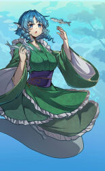 1girl :o absurdres arms_up blue_hair blush breasts chinese_commentary commentary_request drill_hair drill_sidelocks fins fish frilled_kimono frills green_kimono head_fins highres japanese_clothes kimono large_breasts long_sleeves mermaid monster_girl obi obijime open_mouth purple_sash sash shishui_guima short_hair sidelocks solo touhou underwater wakasagihime wide_sleeves