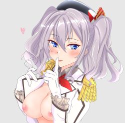 Rule 34 | 1girl, beret, black hat, blue eyes, blush, breasts, breasts out, frilled sleeves, frills, gloves, grey background, hat, highres, index finger raised, jacket, kantai collection, kashima (kancolle), long sleeves, looking at viewer, medium breasts, military, military jacket, military uniform, nipples, nitamako (sakamalh), sidelocks, silver hair, simple background, solo, tongue, tongue out, twintails, uniform, upper body, wavy hair, white gloves, white jacket