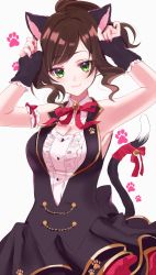 Rule 34 | 1girl, :3, animal ears, arms up, bad id, bad pixiv id, bell, black skirt, breasts, brown hair, cat ears, cat girl, cat tail, center frills, cleavage, closed mouth, collar, detached collar, fingernails, frills, green eyes, grey background, head tilt, idolmaster, idolmaster cinderella girls, jingle bell, kemonomimi mode, looking at viewer, maekawa miku, medium breasts, misumi (macaroni), nail polish, pink nails, red ribbon, ribbon, shirt, simple background, skirt, sleeveless, solo, tail, tail bell, tail ornament, tail ribbon, white collar, white shirt