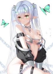 Rule 34 | 1girl, arm belt, armor, bare shoulders, between legs, bikini armor, blurry, blurry background, blush, bottomless, breasts, broken, broken chain, buckle, chain, cleavage, closed mouth, collar, depth of field, detached sleeves, earrings, elf, green eyes, hair between eyes, hand between legs, horns, jewelry, ktm, long hair, looking at viewer, medium breasts, original, pointy ears, short sleeves, sidelocks, sitting, solo, thigh strap, twintails, very long hair, white background