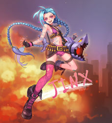 Rule 34 | 1girl, bare shoulders, belt, black gloves, blue hair, boots, braid, bullet, city, gloves, jinx (league of legends), kostop, league of legends, pink eyes, single thighhigh, tattoo, thighhighs, twin braids, weapon