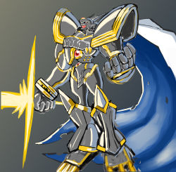 Rule 34 | 1boy, absurdres, alphamon, artist request, cape, digimon, digimon (creature), energy, full body, highres, holding, holding sword, holding weapon, looking at viewer, no humans, royal knights, sword, weapon