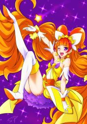 Rule 34 | 1girl, ;d, amanogawa kirara, bare shoulders, boots, chocokin, cure twinkle, dress, earrings, frills, gloves, go! princess precure, high heel boots, high heels, jewelry, magical girl, one eye closed, open mouth, orange hair, precure, purple eyes, quad tails, smile, solo, star (symbol), star earrings, thigh boots, thighhighs, tiara, white footwear, white thighhighs
