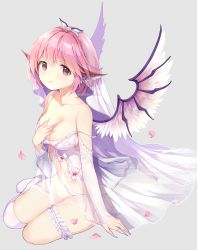 Rule 34 | 1girl, absurdres, artist name, babydoll, bare shoulders, blush, breasts, bridal garter, cleavage, collarbone, commentary request, detached sleeves, feathered wings, fingernails, grey background, hand on own chest, head wings, highres, lingerie, long fingernails, looking at viewer, medium breasts, mystia lorelei, nail polish, navel, no headwear, no shoes, panties, petals, pink eyes, pink hair, pink nails, risui (suzu rks), see-through, short hair, simple background, single thighhigh, sitting, skindentation, solo, strap slip, thighhighs, thighs, touhou, twitter username, underwear, underwear only, veil, white panties, white thighhighs, wings, yokozuwari