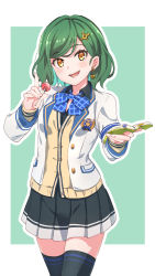Rule 34 | 1girl, absurdres, black thighhighs, blue bow, blue bowtie, blush, book, bow, bowtie, candy, cardigan, cowboy shot, earrings, food, green background, green hair, hair ornament, highres, holding, holding book, holding candy, holding food, holding lollipop, jacket, jewelry, karahai (31448823), kitakoji hisui, lollipop, long sleeves, looking at viewer, miniskirt, nijisanji, open clothes, open jacket, open mouth, orange eyes, pleated skirt, school uniform, sharp teeth, short hair, simple background, skirt, smile, solo, standing, teeth, thighhighs, virtual youtuber, white jacket, zettai ryouiki