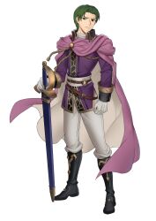 Rule 34 | absurdres, black footwear, boots, cape, clenched hand, coat, ebinku, fire emblem, fire emblem: thracia 776, full body, gloves, highres, holding, holding sword, holding weapon, ilios (fire emblem), looking at viewer, nintendo, pants, pink cape, purple coat, short hair, sword, two-tone cape, weapon, white cape, white gloves, white pants