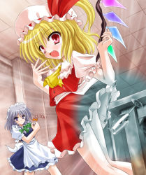 Rule 34 | 2girls, apron, ascot, blonde hair, blush, bow, braid, ceiling, cup, drinking glass, falling, fang, female focus, flandre scarlet, glass, grey eyes, hair bow, hat, hat ribbon, izayoi sakuya, looking back, looking down, maid, maid apron, maid headdress, multiple girls, open mouth, red eyes, ribbon, short hair, side ponytail, silver hair, skirt, skirt set, slit pupils, spilling, table, time stop, touhou, twin braids, wine glass, wings, yamu (reverse noise)