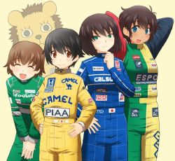 Rule 34 | 4girls, arms behind head, blue eyes, blue jumpsuit, brown eyes, brown hair, closed eyes, closed mouth, commentary, dark-skinned female, dark skin, freckles, girls und panzer, grabbing another&#039;s chin, green eyes, green jumpsuit, hand on another&#039;s chin, hand on own hip, hands on own hips, hands on thighs, honda, hoshino (girls und panzer), japanese flag, jumpsuit, leaning forward, leopon (animal), logo, long sleeves, looking at viewer, multicolored jumpsuit, multiple girls, nakajima (girls und panzer), open mouth, short hair, simple background, smile, standing, suzuki (girls und panzer), tsuchiya (girls und panzer), uniform, uona telepin, yellow background, yellow jumpsuit