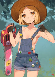 Rule 34 | 1girl, armpits, artist name, badge, bare arms, bare legs, bare shoulders, blonde hair, breasts, brown gloves, button badge, chainsaw, closed mouth, collarbone, cowboy shot, dirty, dirty face, eyelashes, fate/grand order, fate (series), gloves, hands up, hat, highres, holding, holding weapon, legs apart, looking at viewer, naked overalls, no bra, overalls, parted bangs, paul bunyan (fate), paul bunyan (third ascension) (fate), piercing, short hair, sideboob, simple background, small breasts, smiley face, solo, standing, suspenders, sweat, thighs, weapon, yd (orange maru), yellow eyes