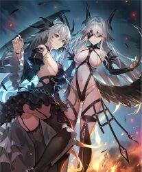 Rule 34 | 2girls, ass, bare shoulders, black dress, breasts, bridal gauntlets, closed mouth, commentary request, detached sleeves, dress, evertale, eyepatch, feather trim, feathered wings, green eyes, grey hair, hair ornament, jeanne d&#039;arc (evertale), kakage, layered skirt, leotard, long hair, looking at viewer, medium breasts, mikaela (evertale), multiple girls, navel, official art, skirt, smile, stomach, thigh strap, thighhighs, wide sleeves, wings
