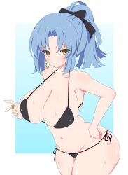 Rule 34 | 1girl, assault lily, bare arms, bare shoulders, bikini, black bikini, black bow, blue background, blue hair, blush, border, bow, breasts, cleavage, closed mouth, commentary request, cowboy shot, crescent, crescent earrings, earrings, gradient background, groin, hair between eyes, hair bow, halterneck, hand on own hip, hand up, high ponytail, highres, jewelry, large breasts, looking at viewer, makino mitake, medium hair, micro bikini, misaki naoe, navel, outside border, parted bangs, ponytail, raised eyebrows, ring, side-tie bikini bottom, solo, standing, stomach, string bikini, sweat, swimsuit, w, white border, yellow eyes
