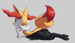 Rule 34 | 1girl, absurdres, animal ears, animal hands, arm support, ass, braixen, creatures (company), feet, female focus, fox ears, fox tail, from side, full body, furry, furry female, game freak, gen 6 pokemon, grey background, hand up, head rest, highres, katahane3, looking at viewer, looking to the side, lying, nintendo, on stomach, pokemon, pokemon (creature), pokemon xy, red eyes, simple background, smile, solo, tail