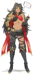 Rule 34 | 1girl, animal ears, armor, asymmetrical clothes, asymmetrical gloves, bare shoulders, beckoning, black footwear, black gloves, black hair, black pants, blonde hair, blue eyes, boots, breasts, cape, commentary, criss-cross halter, crop top, crossed bangs, dark-skinned female, dark skin, dehya (genshin impact), elbow gloves, fingerless gloves, full body, gauntlets, genshin impact, gloves, grin, hair between eyes, hair intakes, halterneck, hand on own hip, hand up, heart, high heel boots, high heels, highres, index finger raised, jewelry, legs, long hair, medium breasts, mismatched gloves, multicolored hair, navel, neck ring, pants, red cape, samacho, sidelocks, simple background, single pantsleg, smile, solo, speech bubble, spiked gloves, spoken heart, standing, stomach, streaked hair, tachi-e, thigh boots, thigh strap, thighs, torn clothes, torn pants, two-tone hair, white background